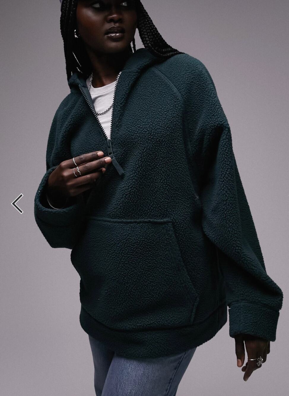 Topshop Borg Quarter Zip Green Fleece Hoodie Long Sleeve Pouch Pocket Sweater M